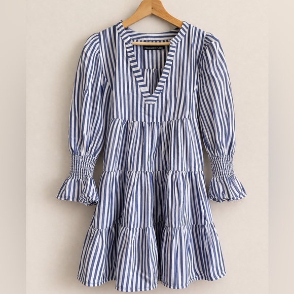 Pomander Place Dresses & Skirts - Pomander Place Blue and White Striped Tiered Mini Dress